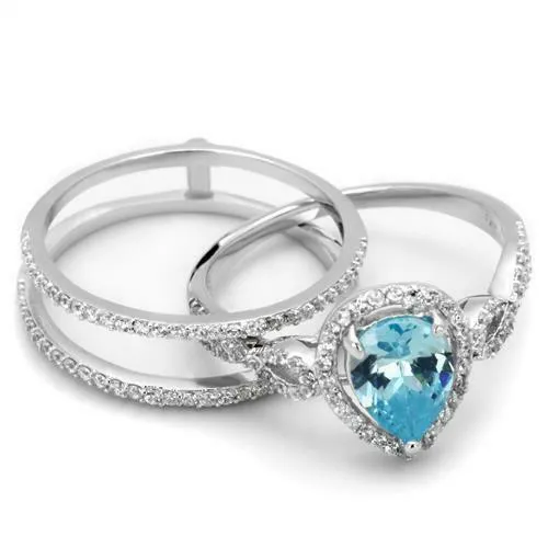 Jewellery Kingdom Ladies Set Sterling Silver Cubic Zirconia Guard Pear Blue Topaz Engagement Band Ring