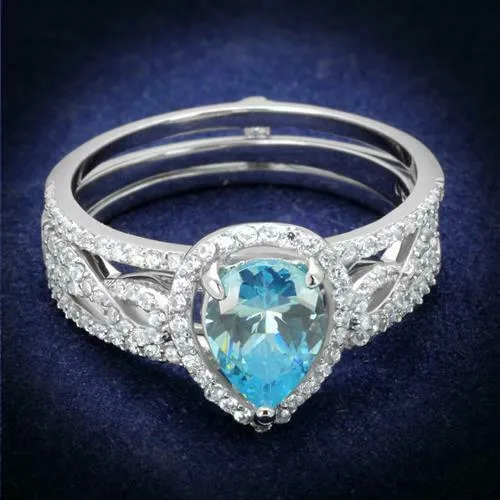 Jewellery Kingdom Ladies Set Sterling Silver Cubic Zirconia Guard Pear Blue Topaz Engagement Band Ring