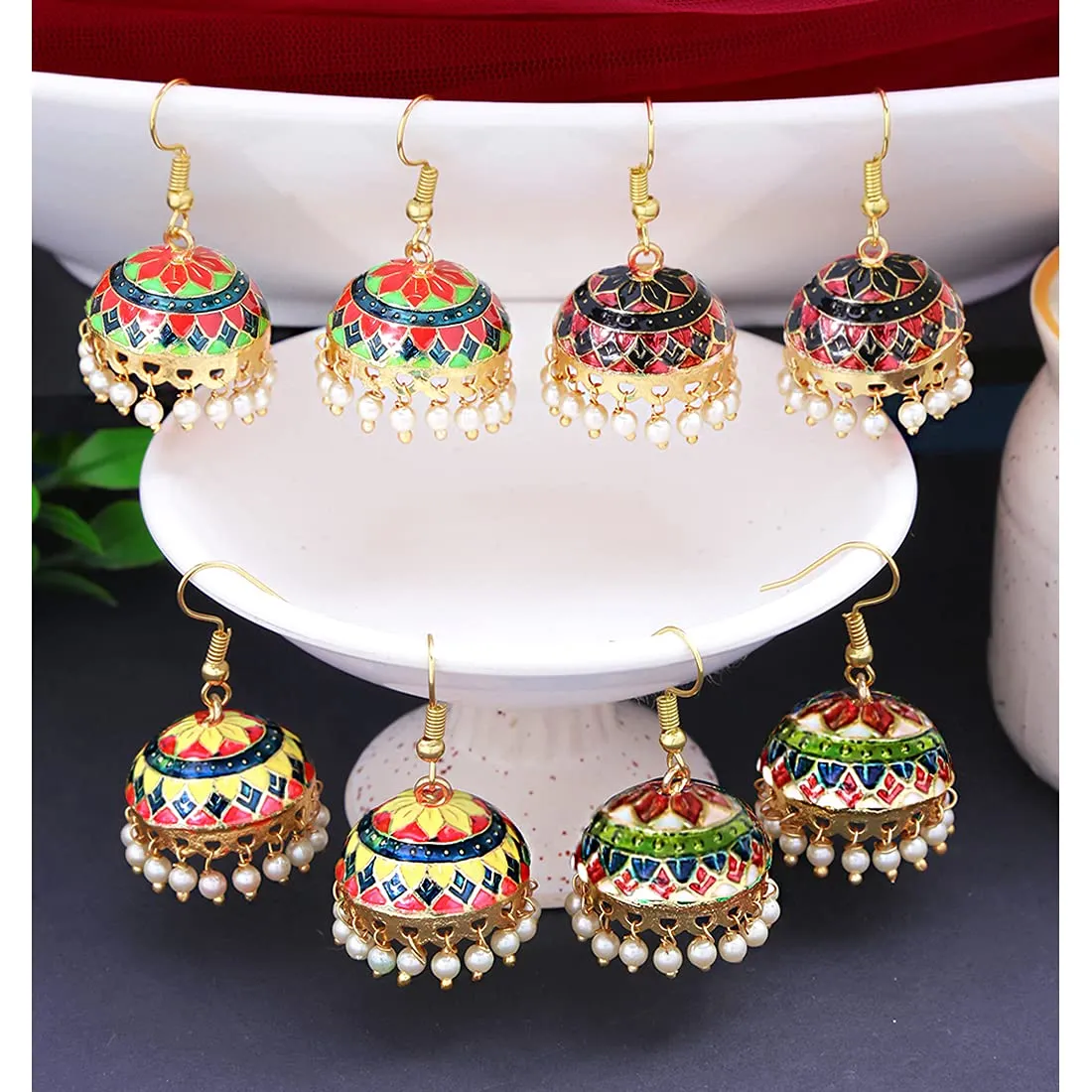 Kairangi Meenakari Jhumka Earrings for Women Combo of 4 Pairs Meenakari Handcrafted Jaipur Rajasthani Style Traditional Jhumka/Jhumki Earrings for Women and Girls