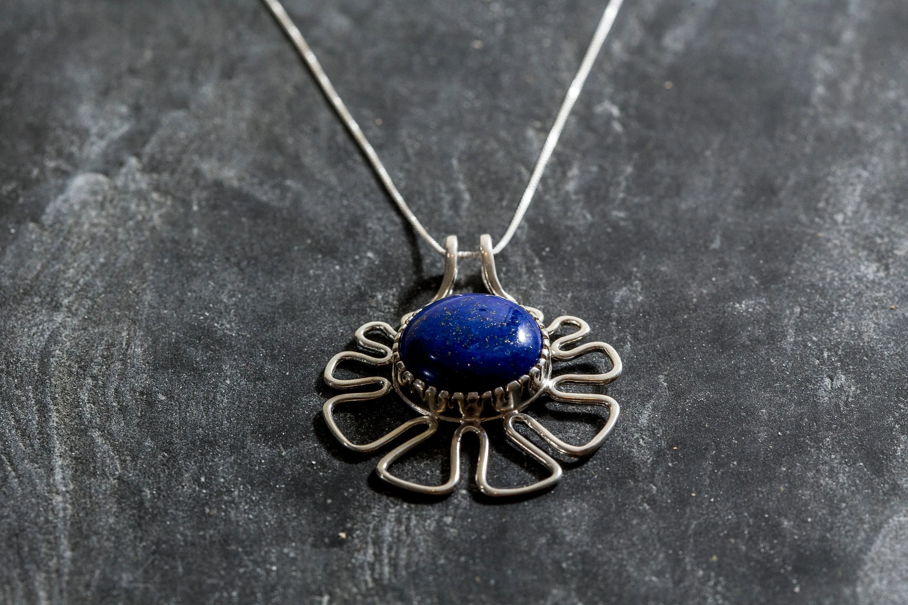 Lapis Lazuli Necklace - Artistic Blue Pendant - Statement Flower Necklace