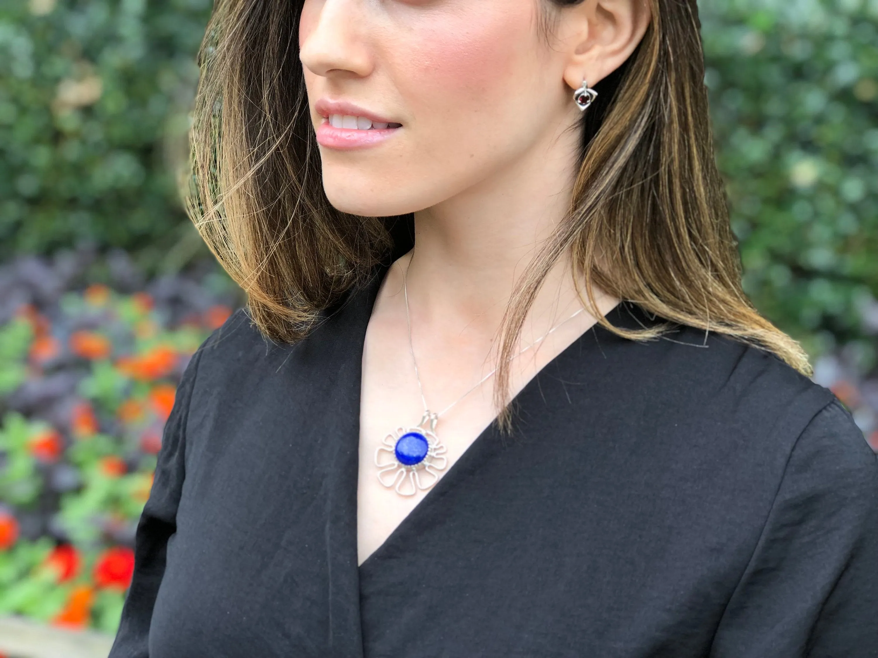 Lapis Lazuli Necklace - Artistic Blue Pendant - Statement Flower Necklace