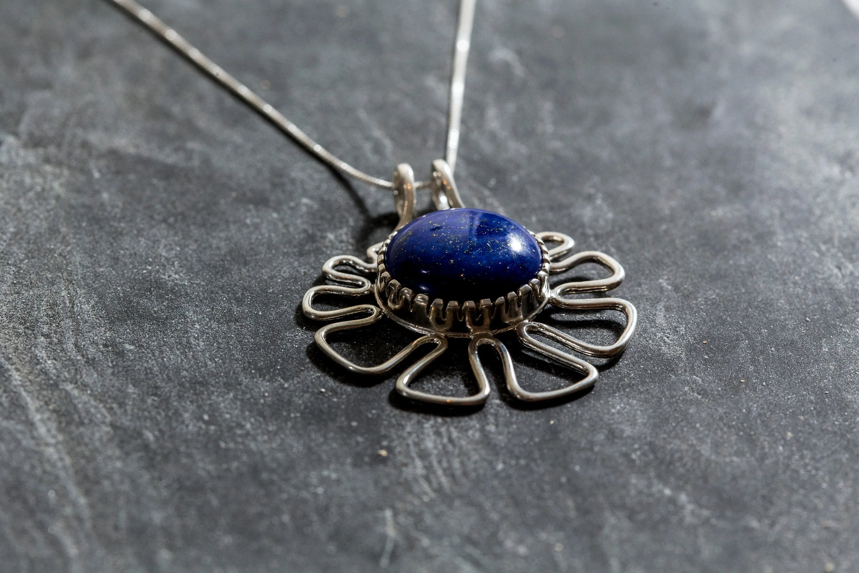 Lapis Lazuli Necklace - Artistic Blue Pendant - Statement Flower Necklace