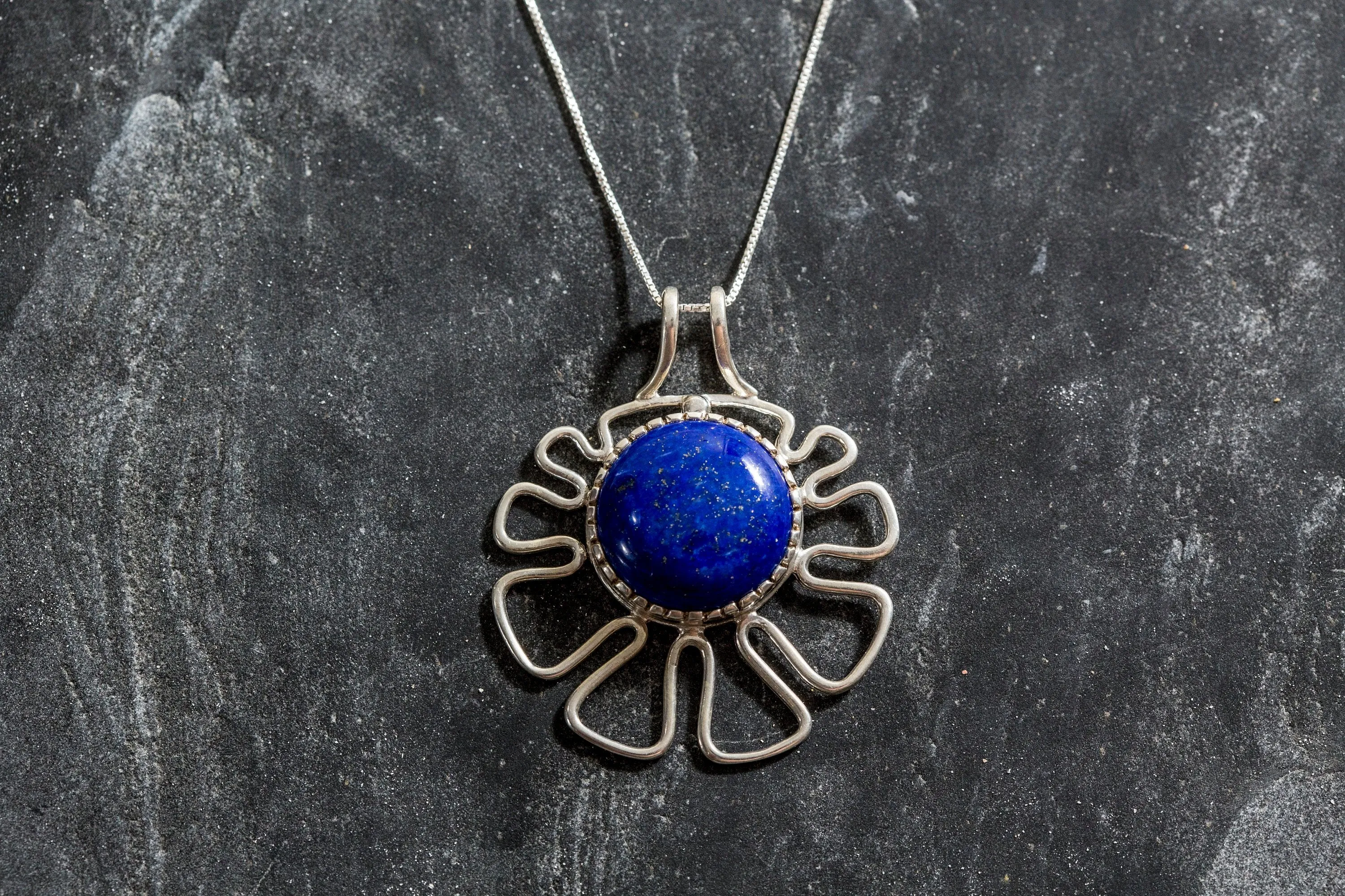 Lapis Lazuli Necklace - Artistic Blue Pendant - Statement Flower Necklace