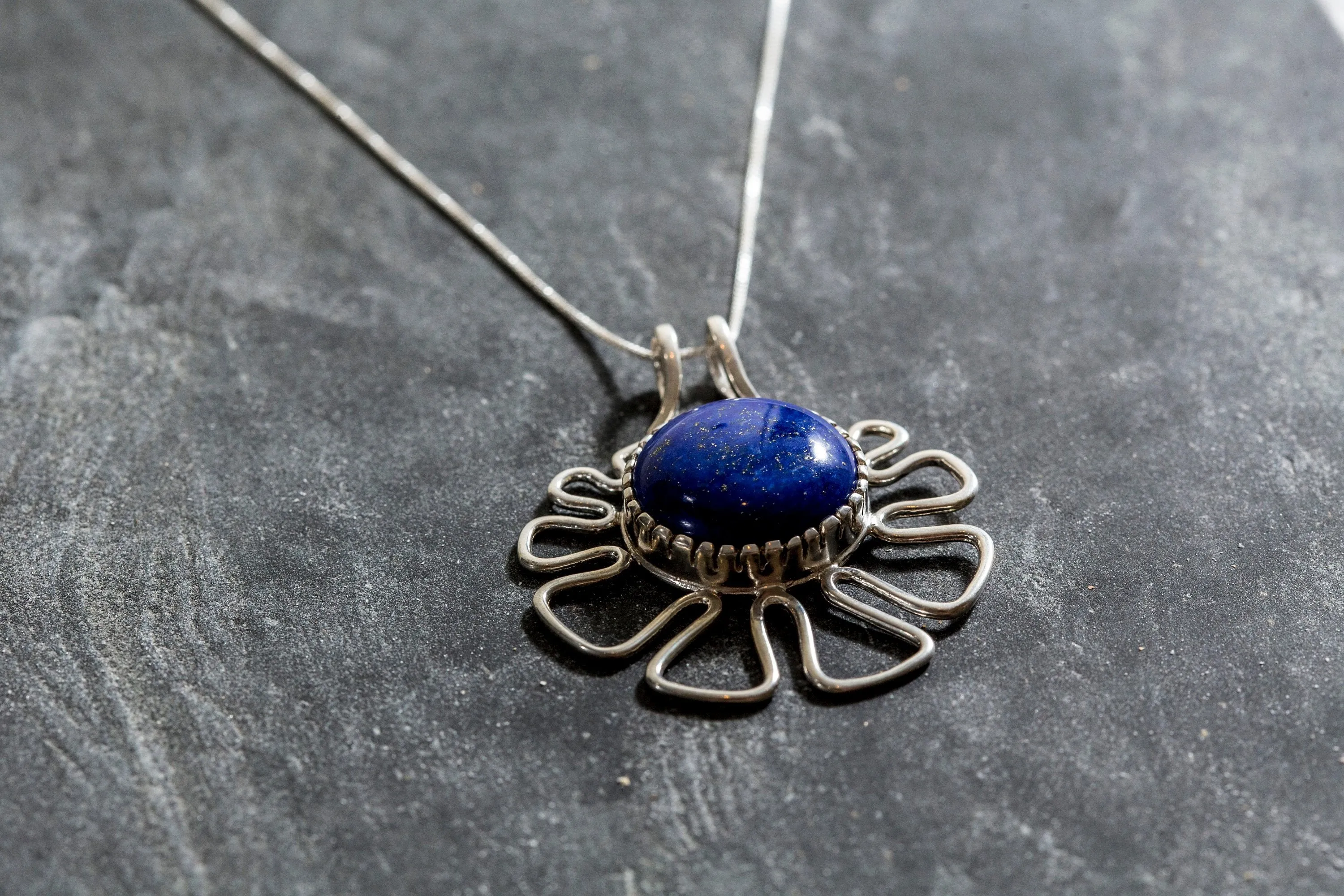 Lapis Lazuli Necklace - Artistic Blue Pendant - Statement Flower Necklace