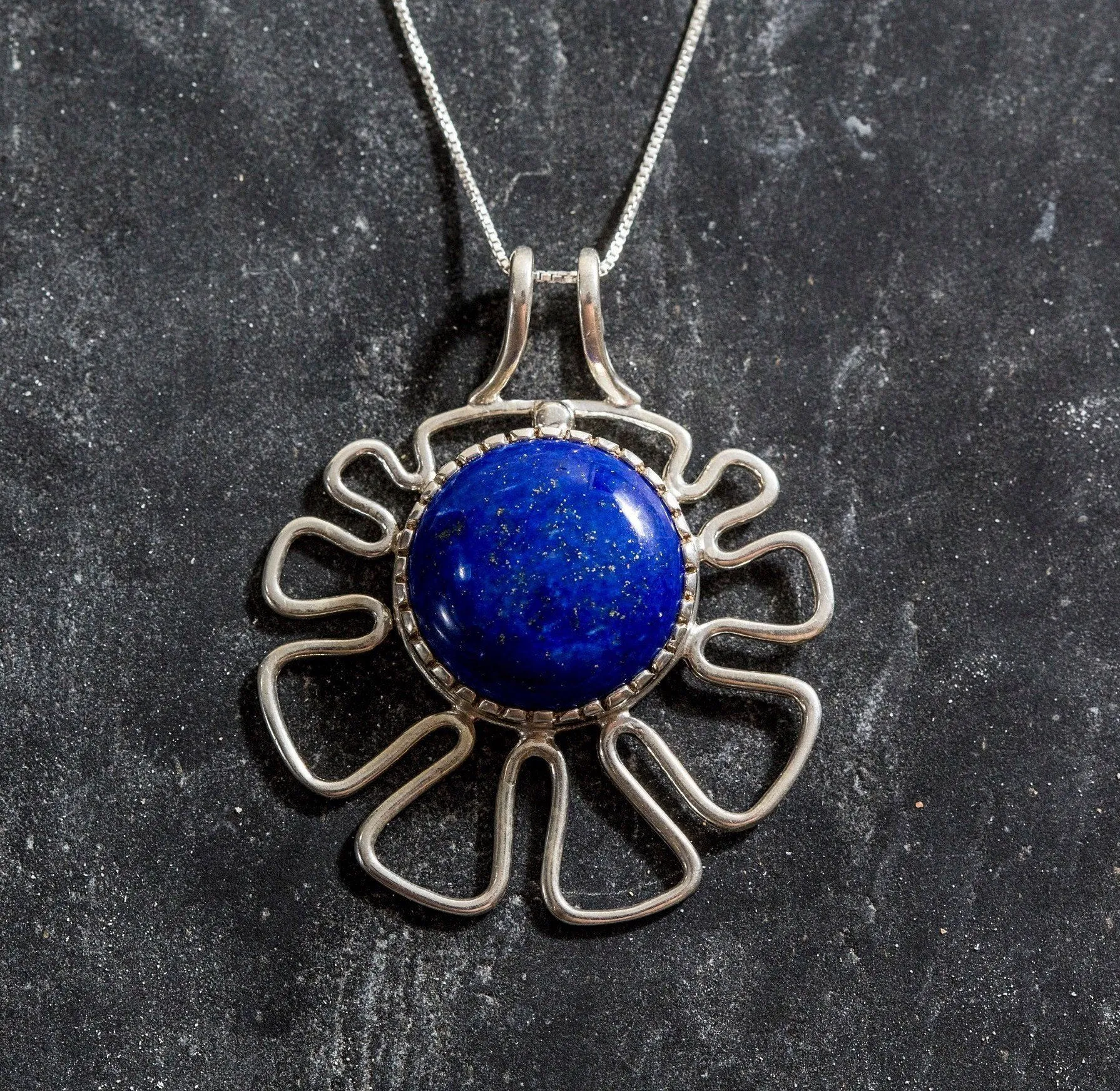 Lapis Lazuli Necklace - Artistic Blue Pendant - Statement Flower Necklace