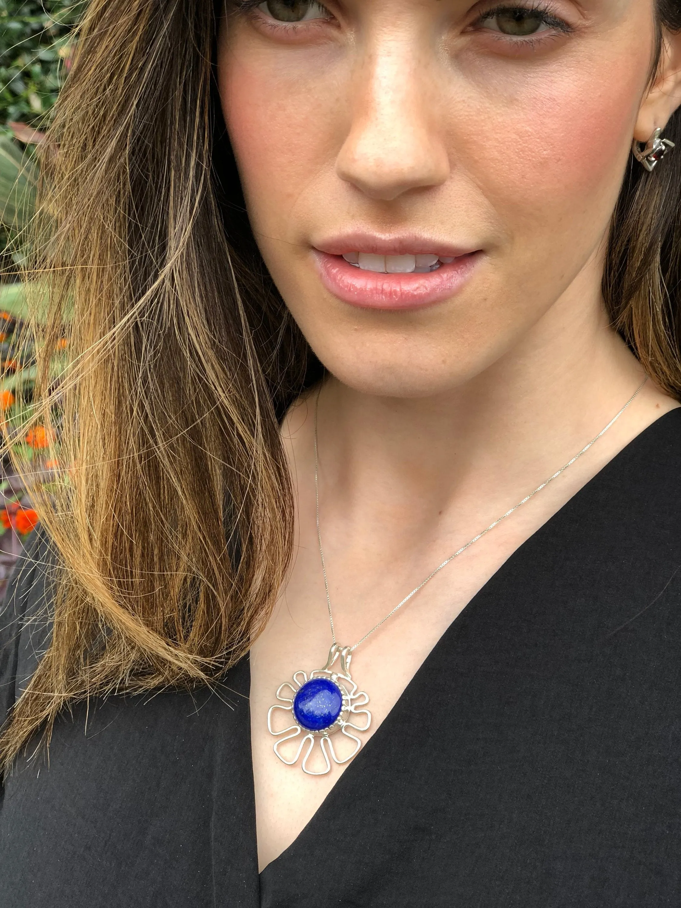 Lapis Lazuli Necklace - Artistic Blue Pendant - Statement Flower Necklace