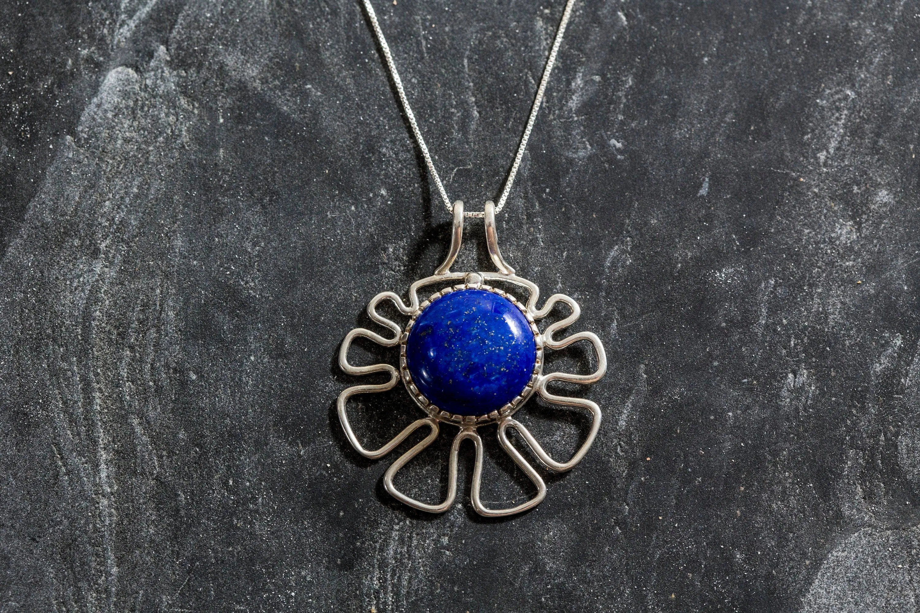 Lapis Lazuli Necklace - Artistic Blue Pendant - Statement Flower Necklace