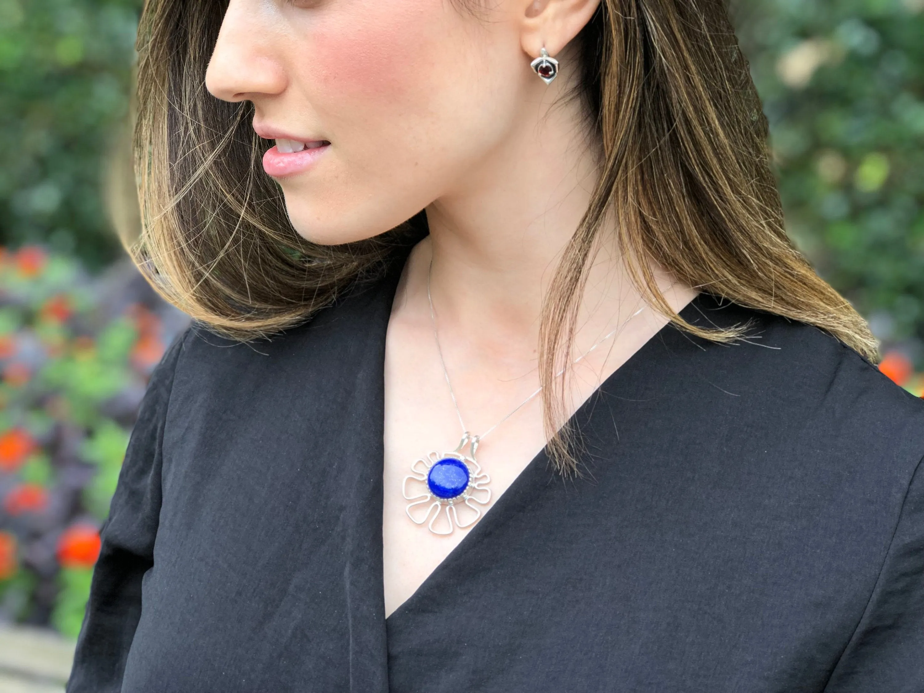 Lapis Lazuli Necklace - Artistic Blue Pendant - Statement Flower Necklace