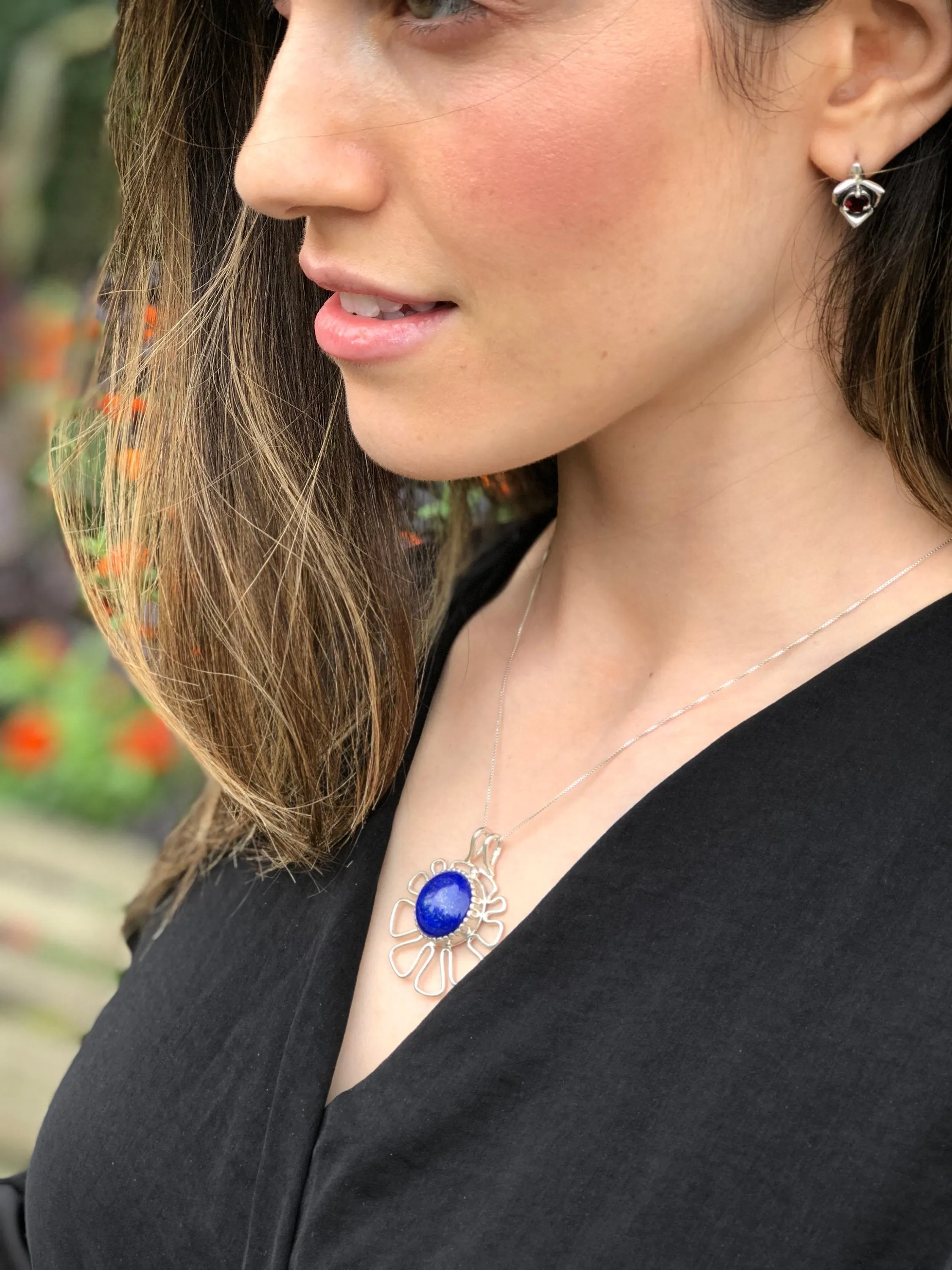 Lapis Lazuli Necklace - Artistic Blue Pendant - Statement Flower Necklace