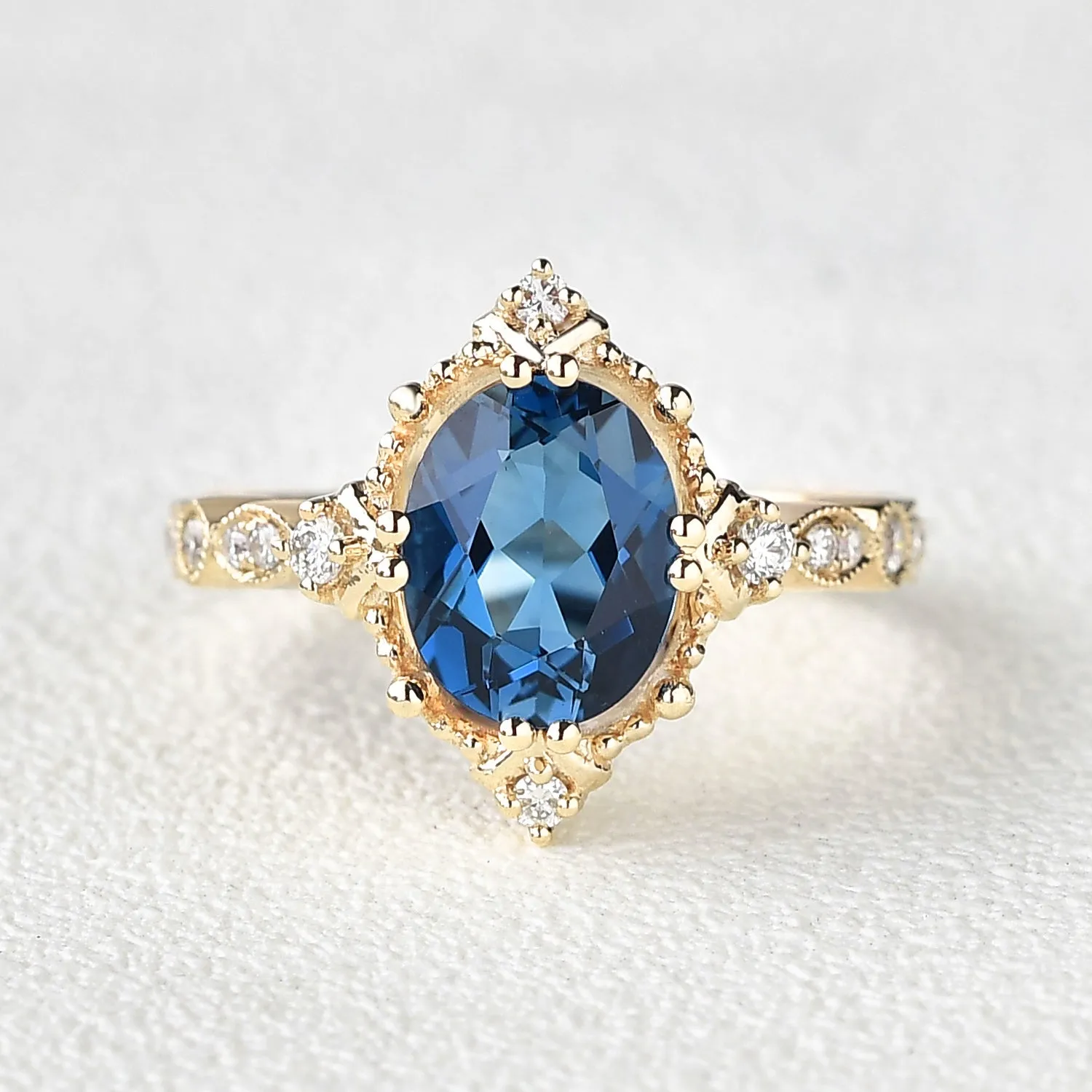 London Blue Topaz & Moissanite Art Deco Ring