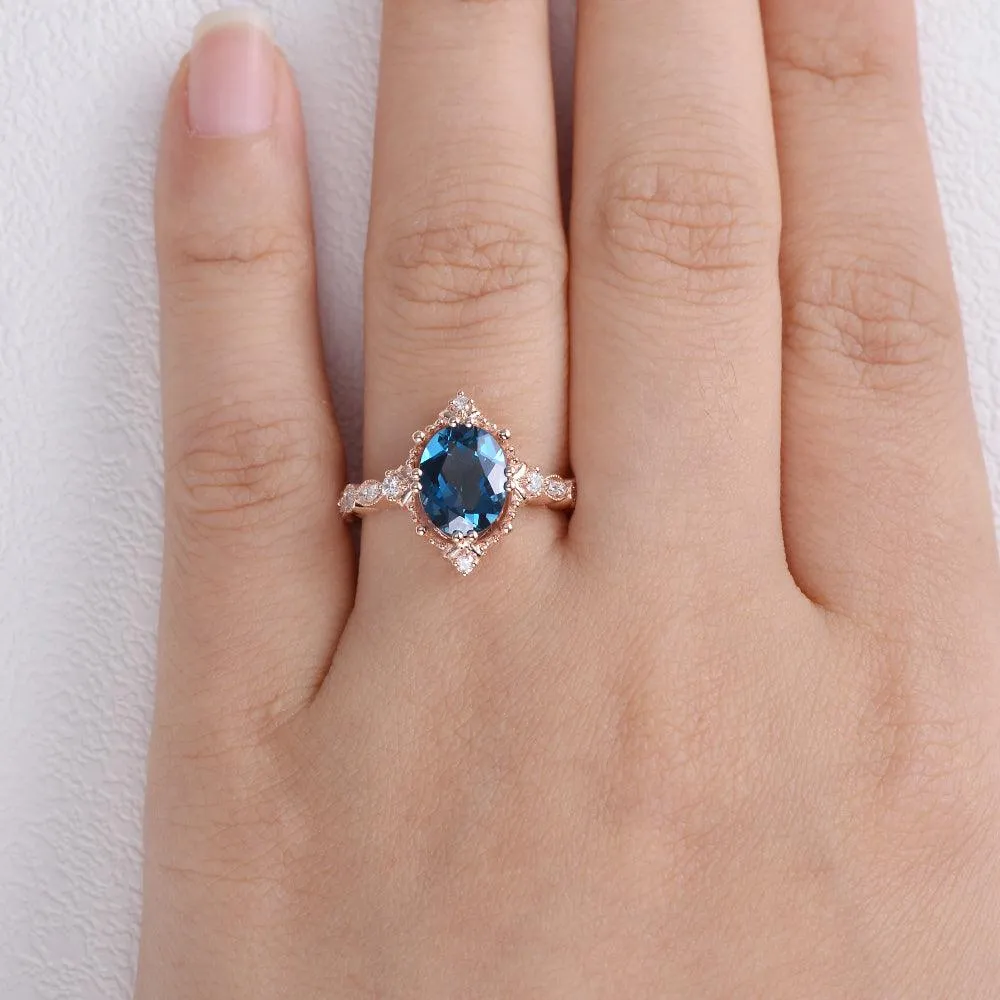 London Blue Topaz & Moissanite Art Deco Ring