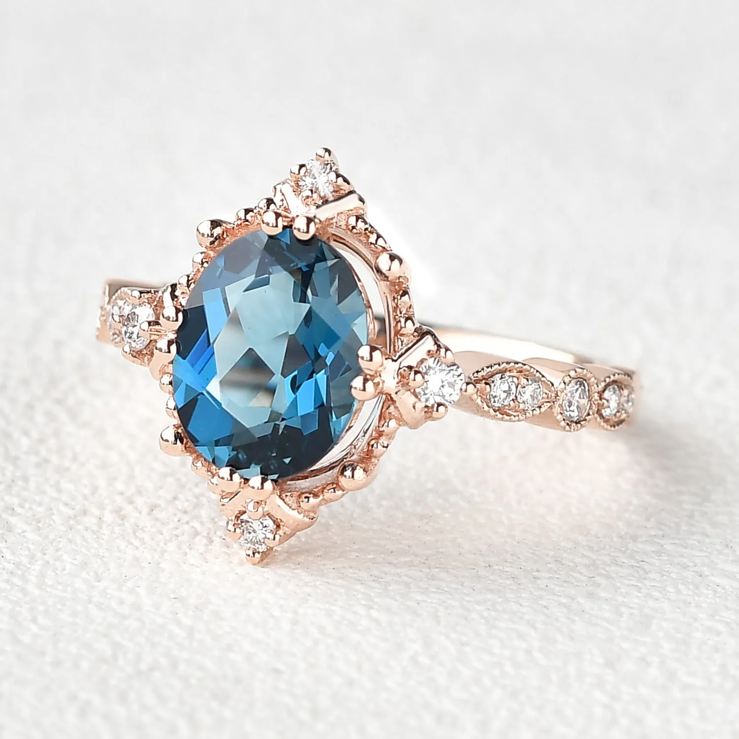 London Blue Topaz & Moissanite Art Deco Ring