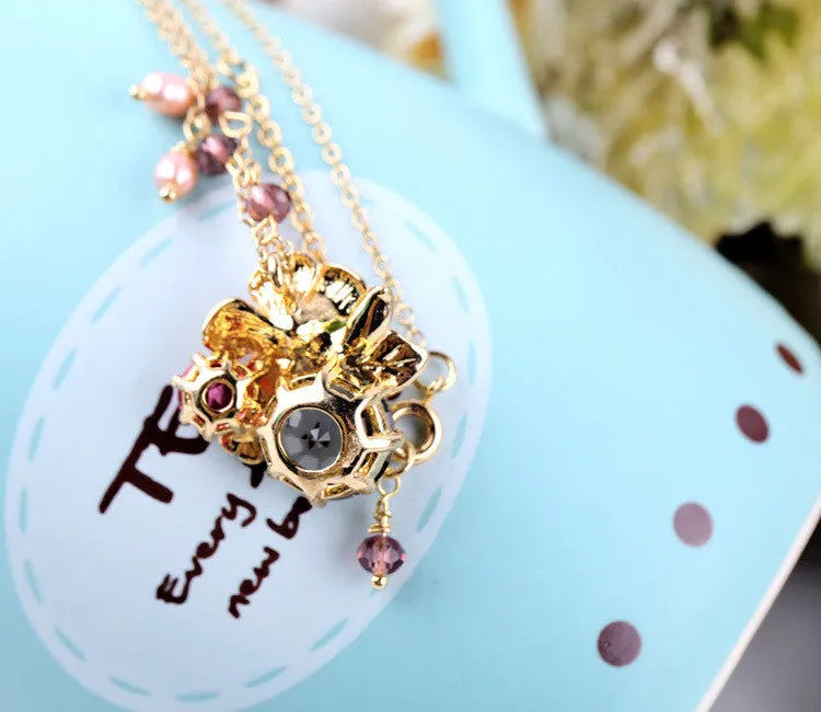 Long Chain Gold Plated Summer Sweet Design Gift For Friend Simple Crystal Flower Necklace Pendants