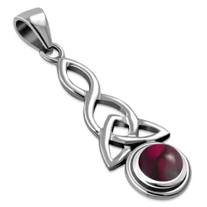 Long Garnet Celtic Trinity Knot Silver Pendant