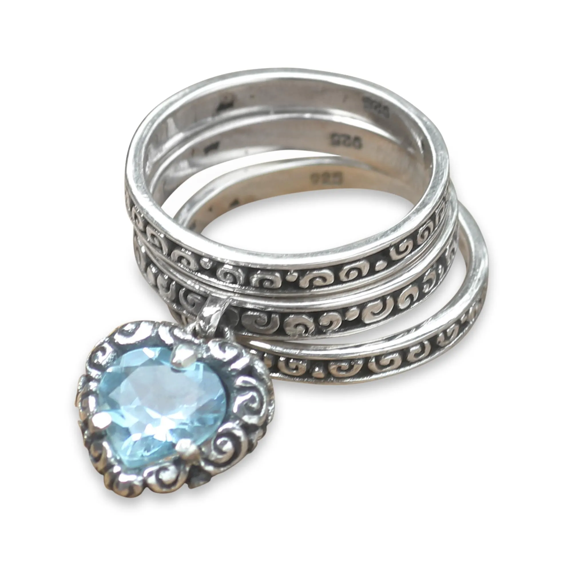 Love Sparkles Blue Topaz Heart in 3 Sterling Silver Stacking Rings