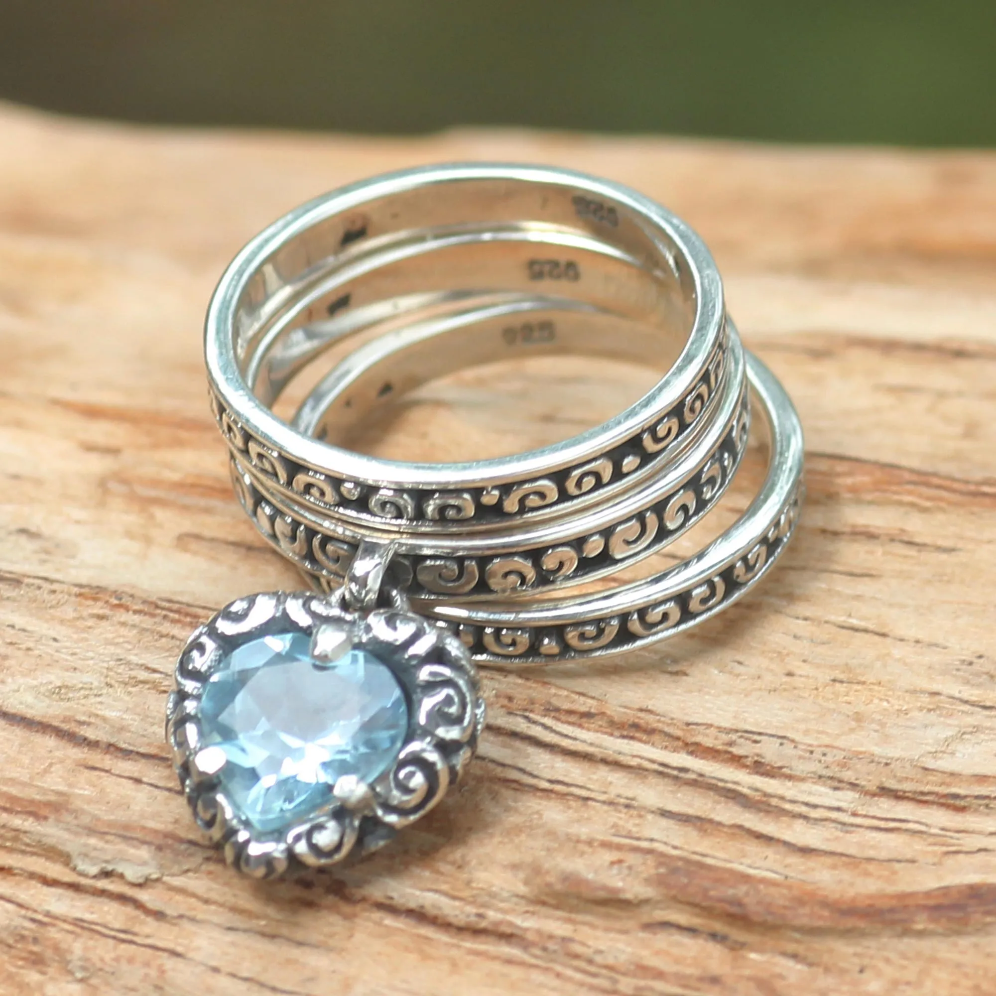 Love Sparkles Blue Topaz Heart in 3 Sterling Silver Stacking Rings