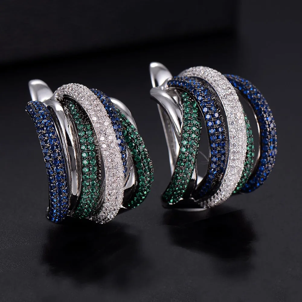 Luxury Twist Braided Multicolor Full Mirco  Cubic Zirconia Hoop Earring Set