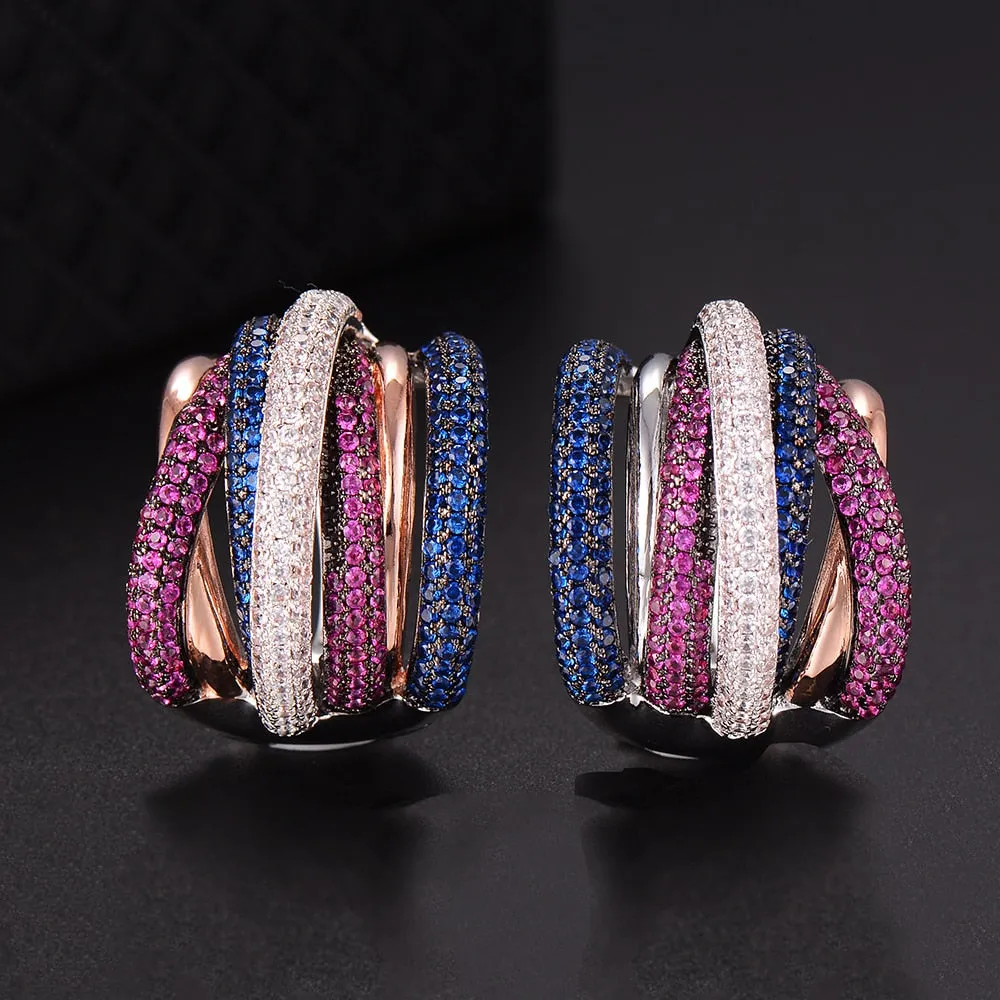 Luxury Twist Braided Multicolor Full Mirco  Cubic Zirconia Hoop Earring Set