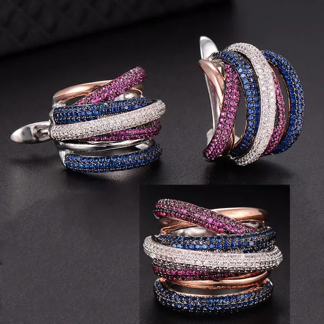 Luxury Twist Braided Multicolor Full Mirco  Cubic Zirconia Hoop Earring Set