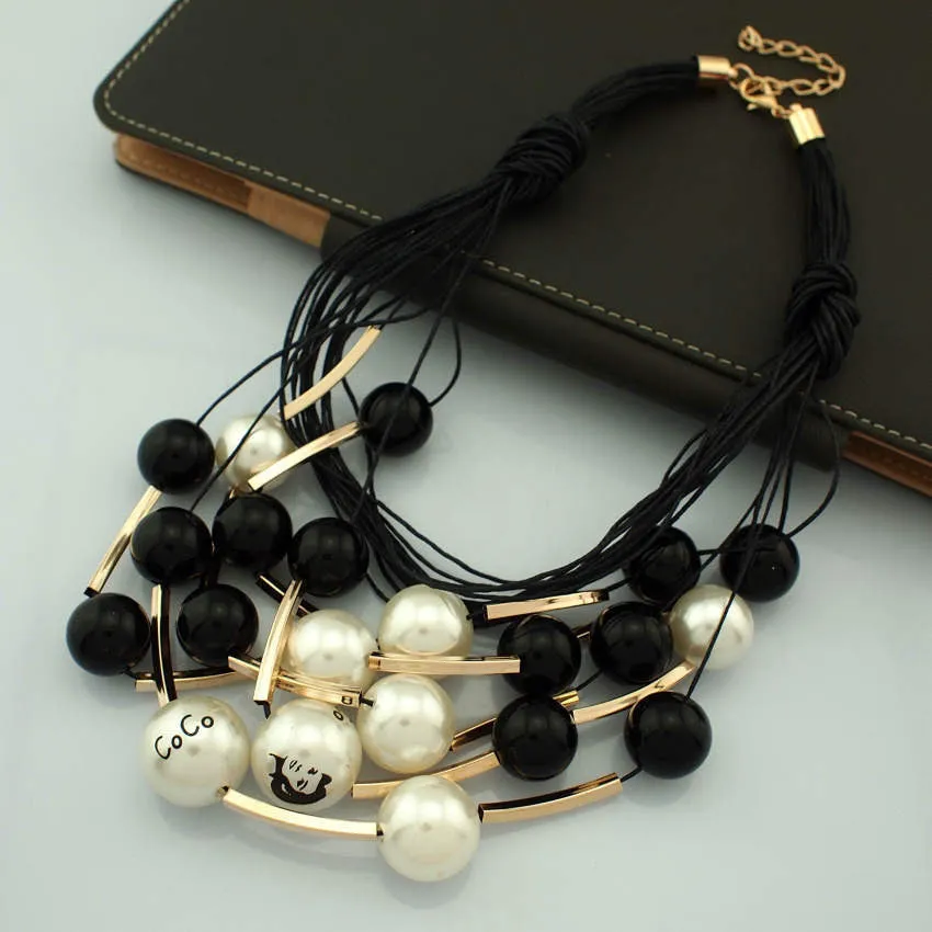 Maxi Jewelry imitation Pearl Necklace Black Rope Chain Bead Golden Tube Statement Collar Choker Necklace For Women Dress Collier