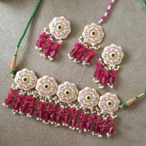 Meena Round Colored Choker Earring And Teeka Set