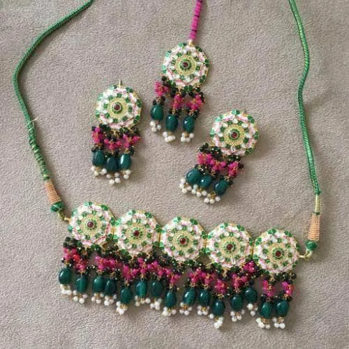 Meena Round Colored Choker Earring And Teeka Set