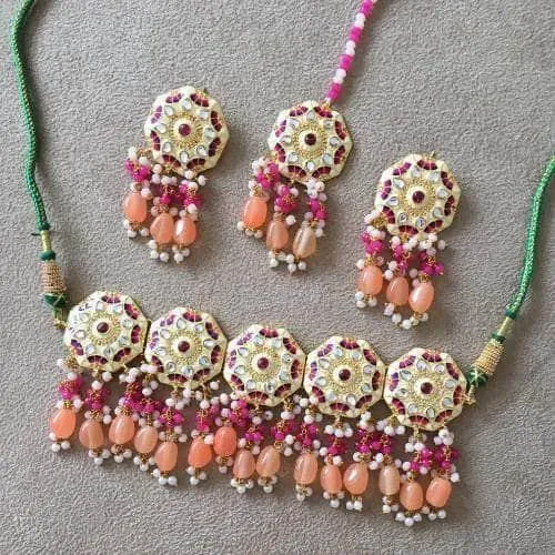 Meena Round Colored Choker Earring And Teeka Set