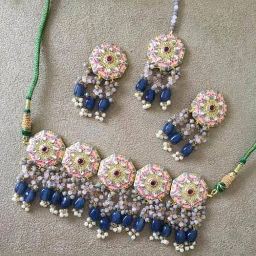 Meena Round Colored Choker Earring And Teeka Set