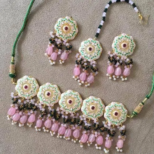 Meena Round Colored Choker Earring And Teeka Set