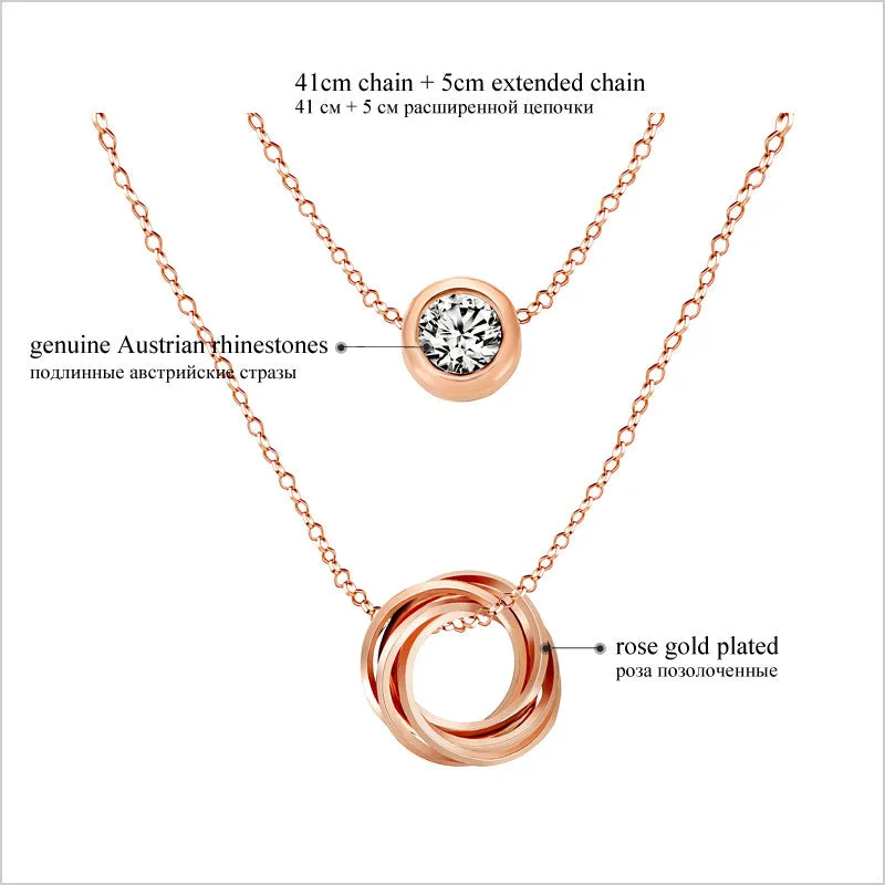 Multi Layer Genuine Austrian Rhinestones Rose Gold Plated Pendant Crystal Necklace Jewelry for Women