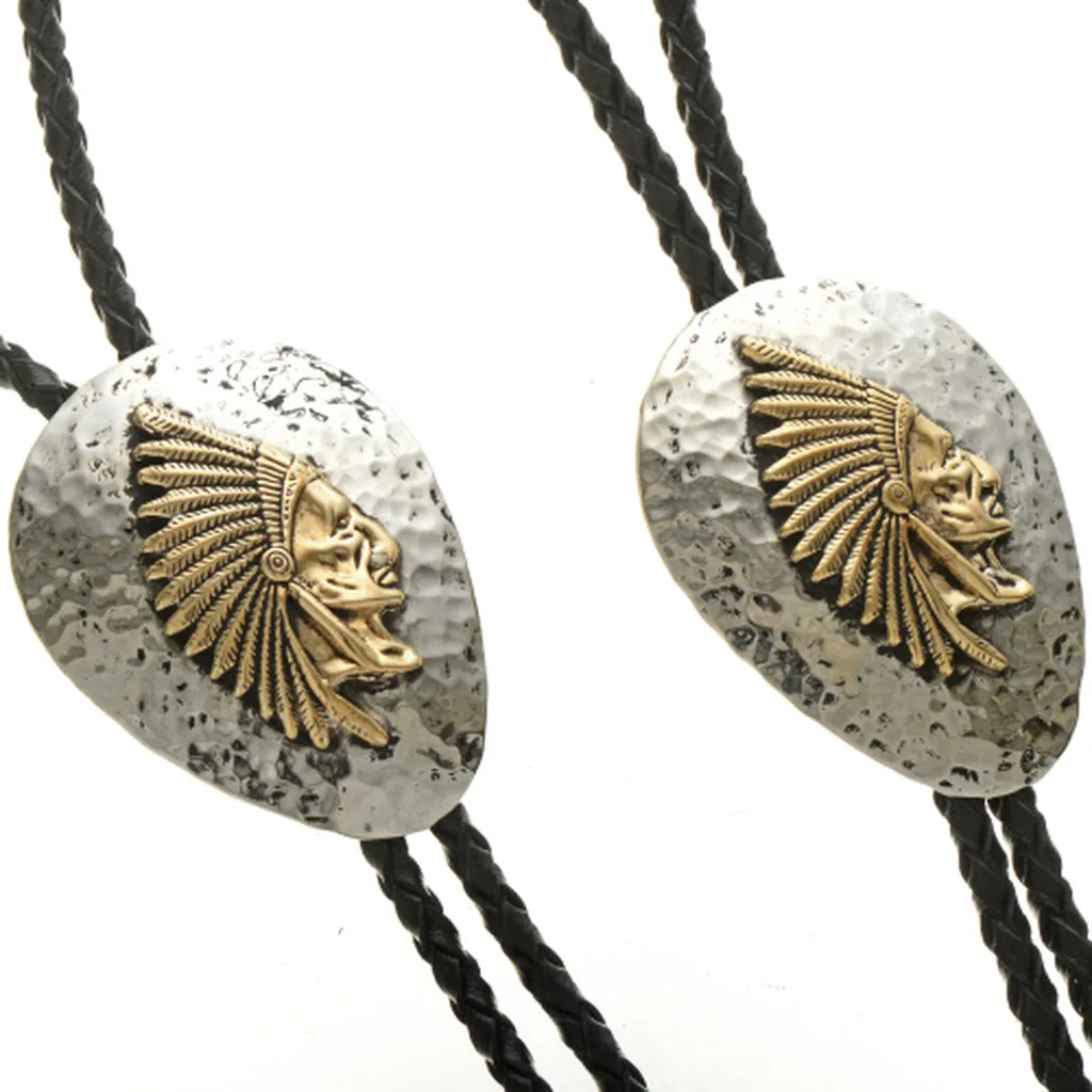 Native American Gold Silver Bolo Tie Indian Chief