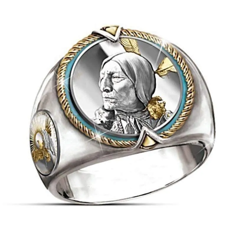 Native American Indian Chief Vintage Style Coin Ring - Silver  Gold & Turquoise