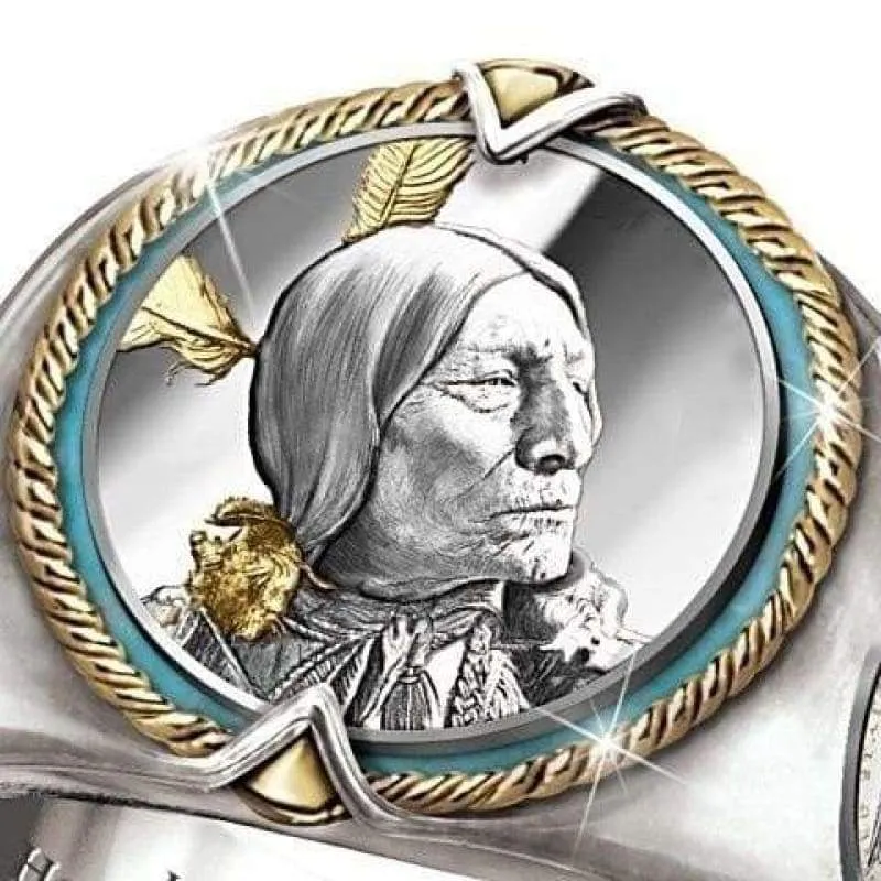 Native American Indian Chief Vintage Style Coin Ring - Silver  Gold & Turquoise