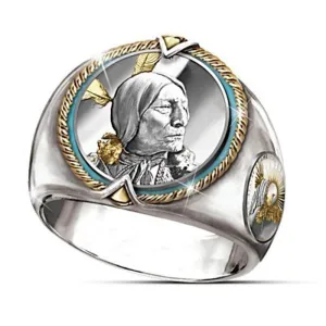 Native American Indian Chief Vintage Style Coin Ring - Silver  Gold & Turquoise