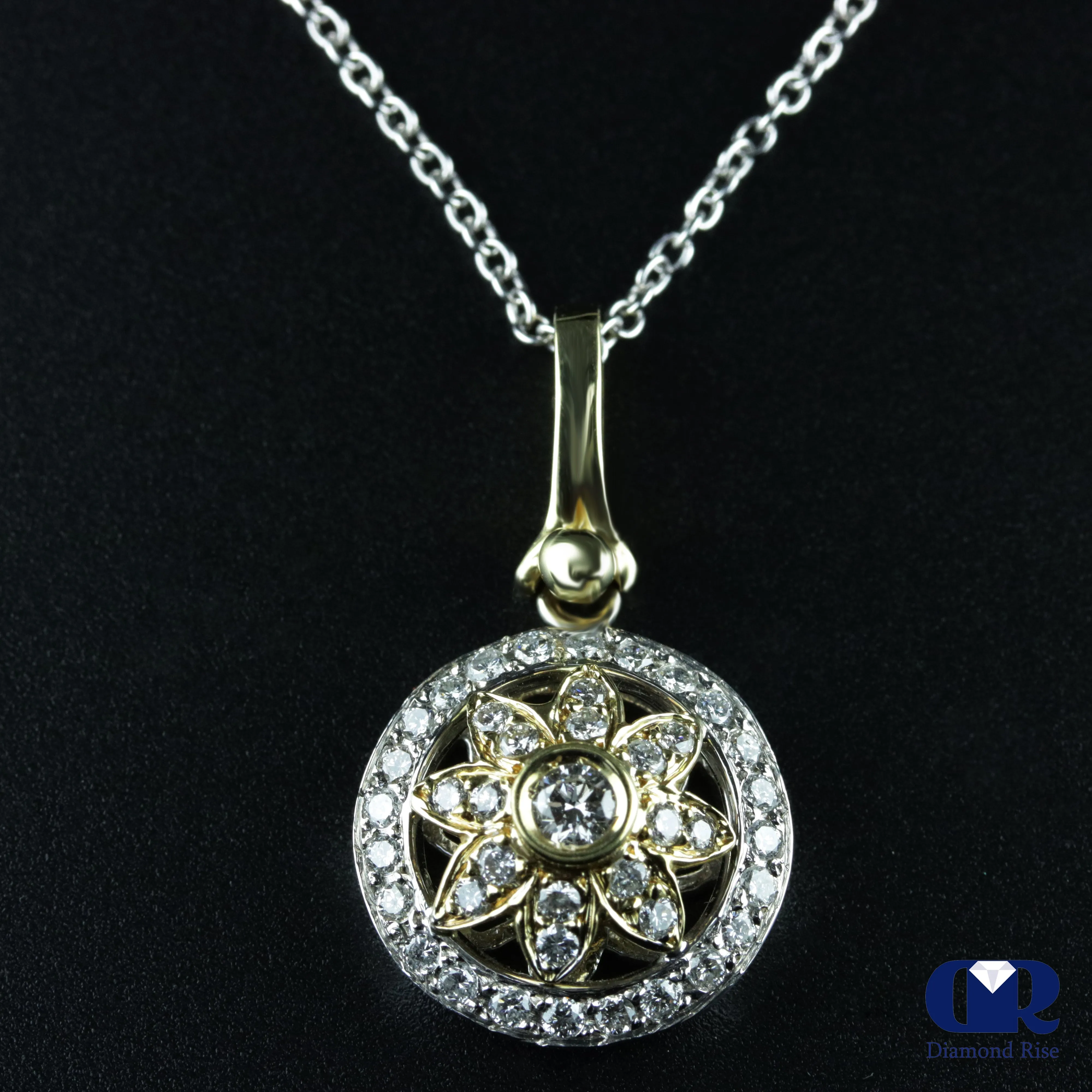 Natural 0.85 Ct Round Diamond Pendant Necklace 14K White & Yellow Gold W/16" Chain