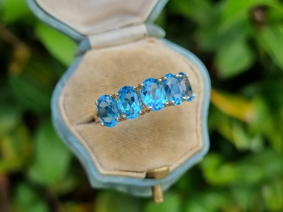 Natural Oval Cut Blue Topaz Half Eternity Vintage Promise Rings - 14k Gold Vermeil Rings