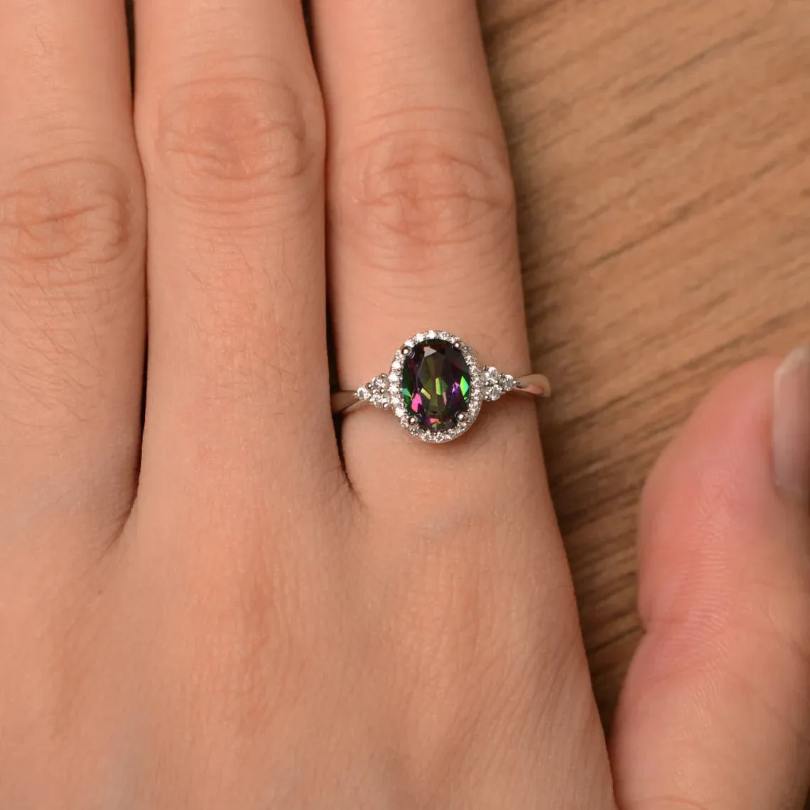 Natural Oval Cut Mystic Topaz Halo Engagement 925 Sterling Silver Rings