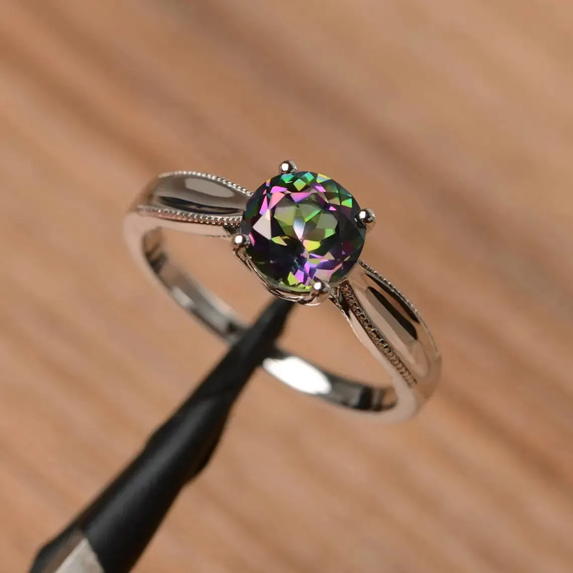 Natural Round Cut Mystic Topaz Solitaire Promise Rings For Women - 925 Sterling Silver Ring