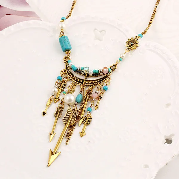 New Bohemia Pendant Turquoise Beads Link Chain Necklace Anchor Arrow Alloy Plated Gold Necklaces Fashion Jewelry For Women