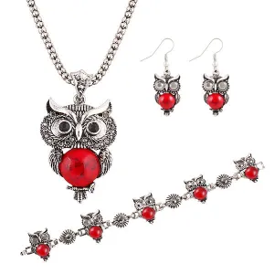 New Brand Design Jewelry Sets Silver Plated Retro Turquoise Pendant Necklace Owl drop earrings Charm bracelet Gift women