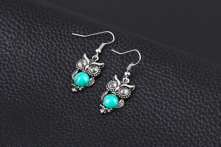 New Brand Design Jewelry Sets Silver Plated Retro Turquoise Pendant Necklace Owl drop earrings Charm bracelet Gift women