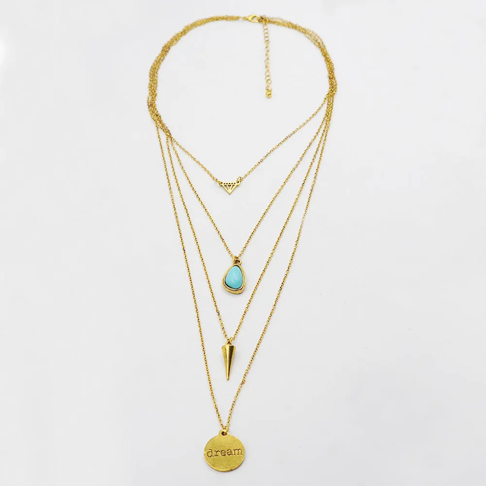 New Fashion Long Multi Layer Necklace & Pendants Turquoise Vintage Gold Plated Chain Necklace For Women