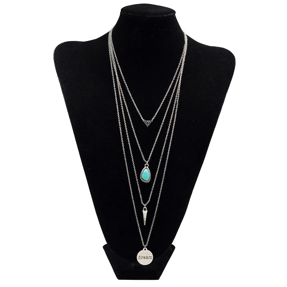 New Fashion Long Multi Layer Necklace & Pendants Turquoise Vintage Gold Plated Chain Necklace For Women