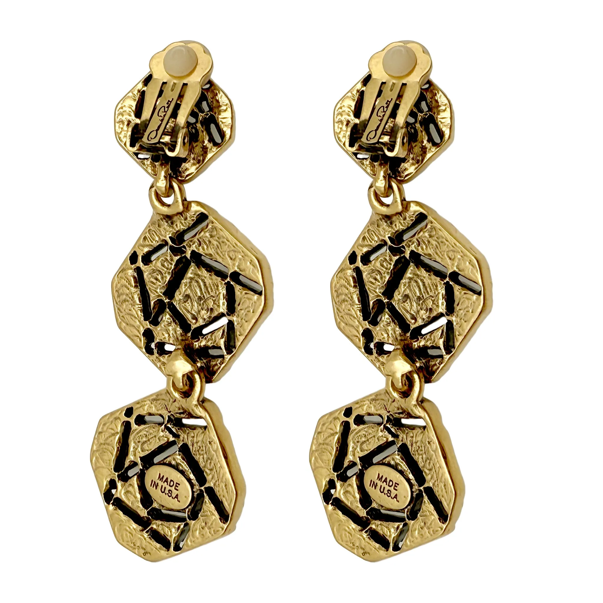 Oscar de la Renta Gold Mosaic Clip Earrings with Red Siam Crystals, 3" x 1.25"