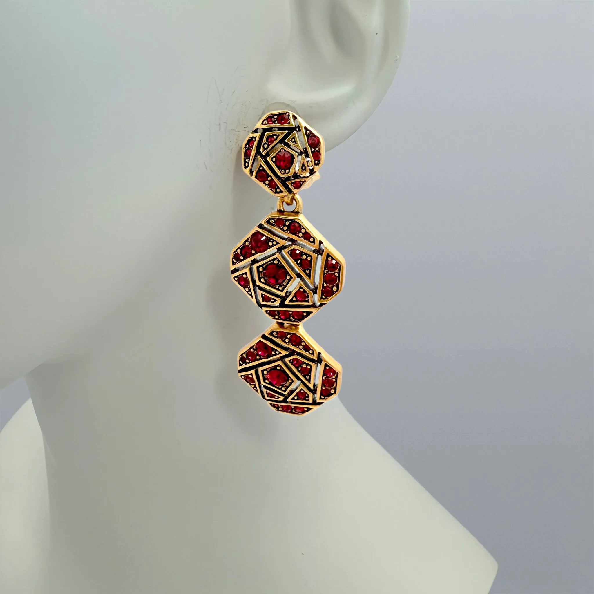 Oscar de la Renta Gold Mosaic Clip Earrings with Red Siam Crystals, 3" x 1.25"