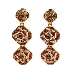 Oscar de la Renta Gold Mosaic Clip Earrings with Red Siam Crystals, 3" x 1.25"