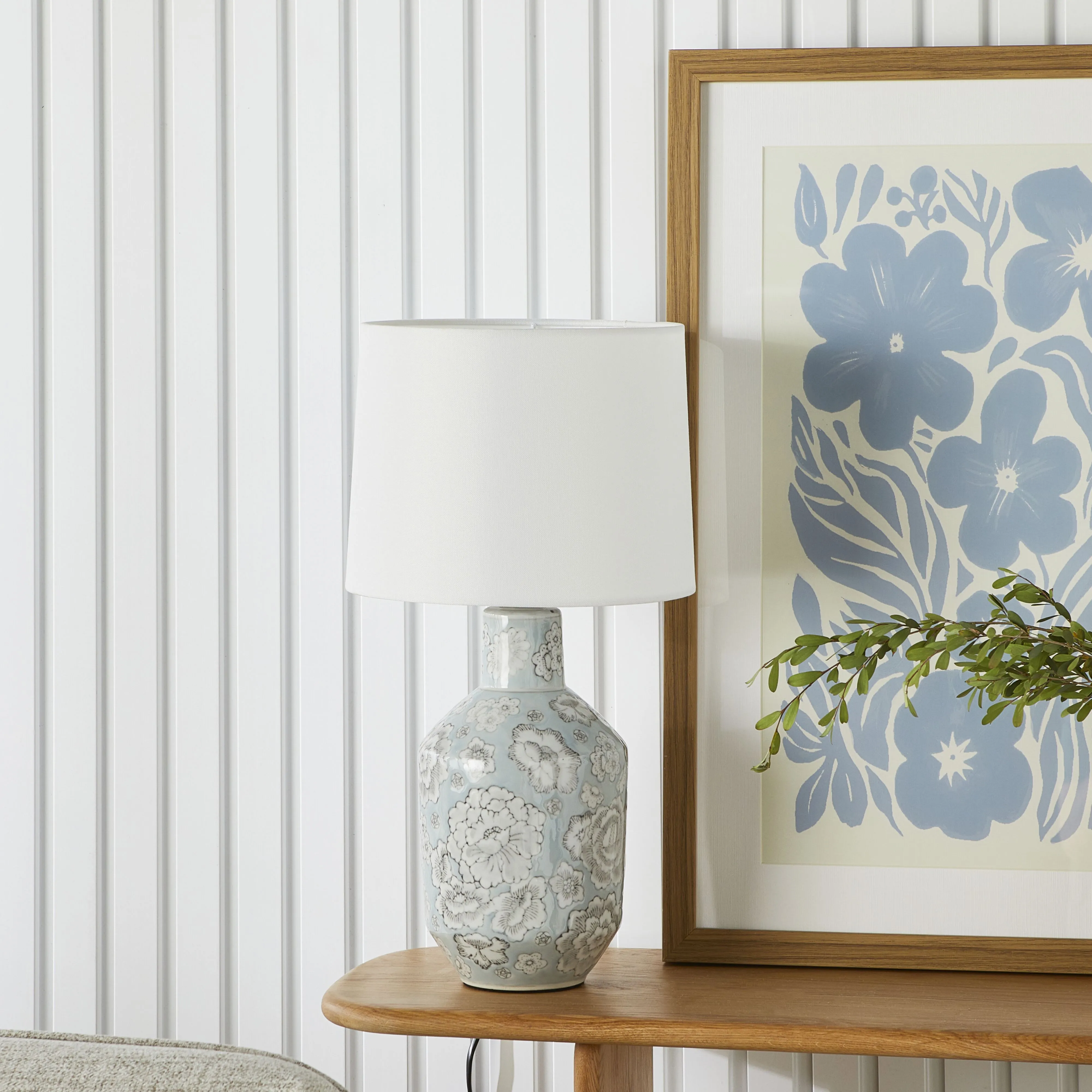 Pale Blue & White Floral Table Lamp 47x26x26cm