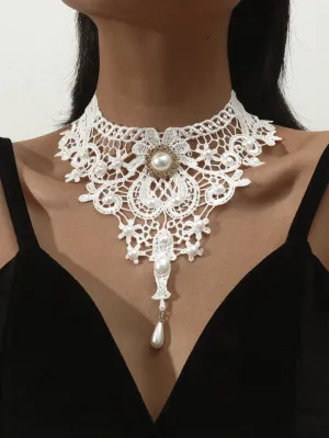 Pearl Decor Lace Necklace Statement Necklace Vintage Necklace Retro