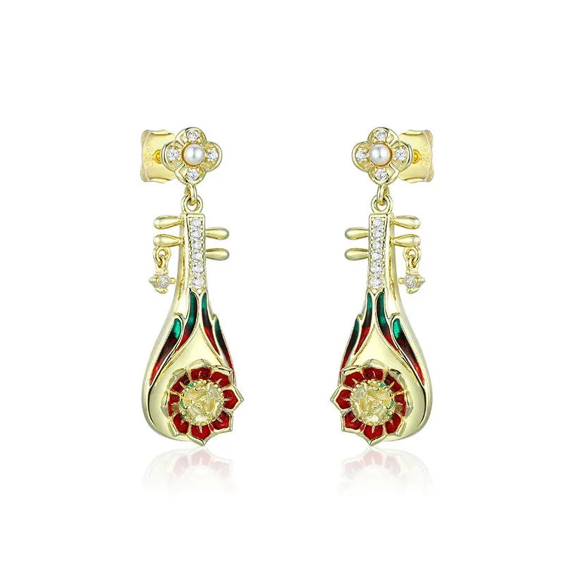 Pipa with Zircon and Pearl Enamel Silver Drop Earrings