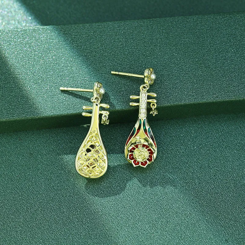 Pipa with Zircon and Pearl Enamel Silver Drop Earrings